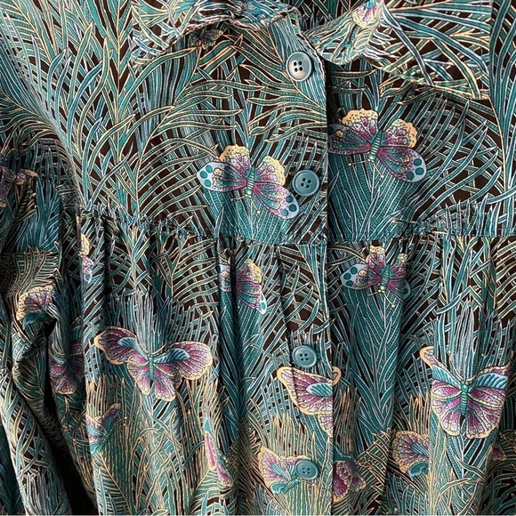 Vintage butterfly bubble sleeve button up casual blouse shirt top large 12 80s - Picture 5 of 8